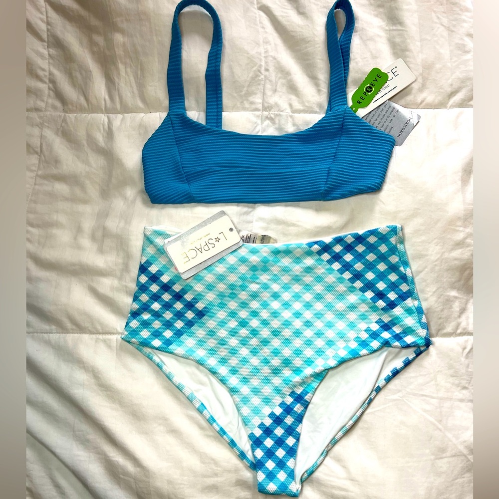 NWT L ⭐️Space Jess Bikini Top in Cornflower Blue M Portia Bikini Bottom XL